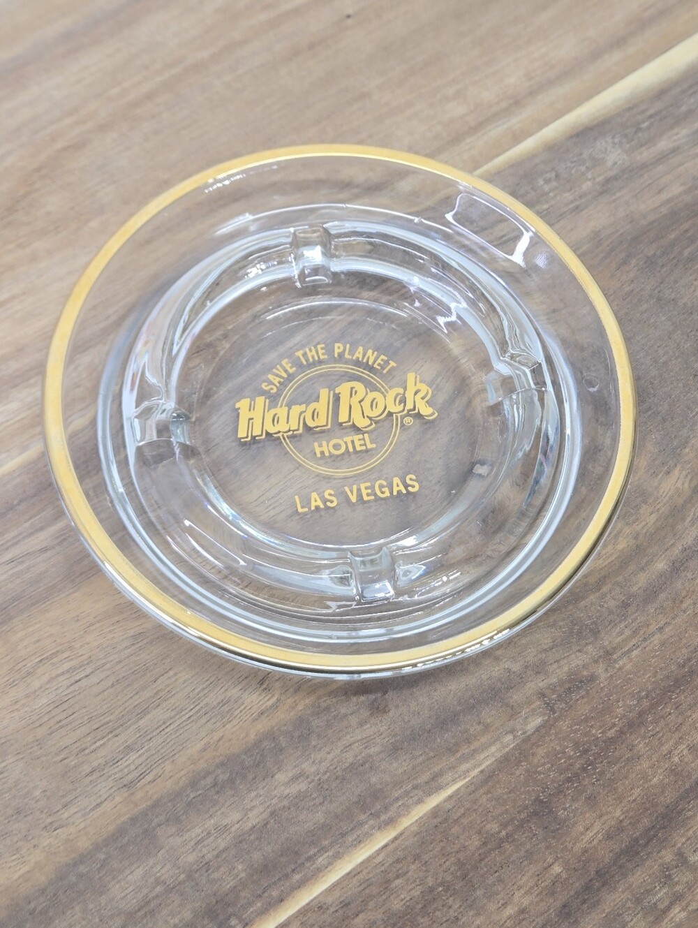 VTG Hard Rock Hotel Las Vegas Clear Glass Ashtray Gold Rim Save The Planet
